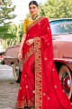 Red Saree in Embroidered Satin & Silk