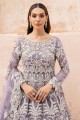 Net Anarkali Suit in Purple with Embroidered