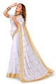 White Georgette Party Wear Saree with Thread,embroidered,lace border