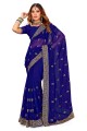 Thread,embroidered,lace border Georgette Party Wear Saree in Navy