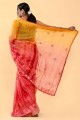 Saree in Orange,pink Cotton with Patch,thread,embroidered