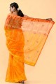 Patch,thread,embroidered Cotton Mustard orange Saree with Blouse