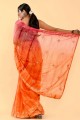Mustard orange,pink Patch,thread,embroidered Cotton Saree