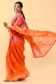 Mustard orange,pink Patch,thread,embroidered Cotton Saree