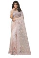 Net Dusty peach Wedding Saree in Embroidered