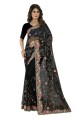 Embroidered Net Wedding Saree in Black with Blouse