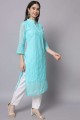 Embroidered Straight Kurti in Sky blue Georgette