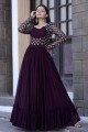 Batik Embroidered Wine  Gown Dress with Dupatta