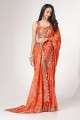 Organza Sequins,embroidered,digital print Orange Saree with Blouse