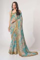 Sky blue Saree with Sequins,embroidered,digital print Organza