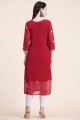 Embroidered Georgette Red Straight Kurti with Dupatta