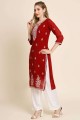 Georgette Embroidered Red Straight Kurti with Dupatta