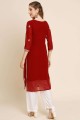 Georgette Embroidered Red Straight Kurti with Dupatta