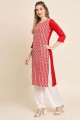 Red Georgette Embroidered Straight Kurti with Dupatta