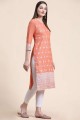 Cotton Embroidered Orange Straight Kurti with Dupatta