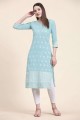 Embroidered Cotton Sky blue Straight Kurti with Dupatta
