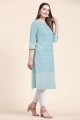 Embroidered Cotton Sky blue Straight Kurti with Dupatta