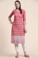 Coral  Cotton Embroidered Straight Kurti with Dupatta