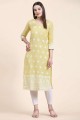 Cotton Straight Kurti with Embroidered in Yellow