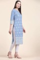 Embroidered Straight Kurti in Sky blue Cotton