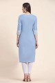 Embroidered Straight Kurti in Sky blue Cotton