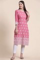 Pink Embroidered Straight Kurti in Cotton