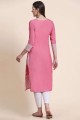 Pink Embroidered Straight Kurti in Cotton