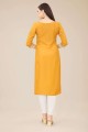 Cotton Straight Kurti with Embroidered in Mustard