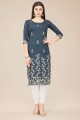 Grey Embroidered Straight Kurti in Cotton