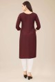 Brown Cotton Embroidered Straight Kurti with Dupatta