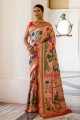 Peach Wedding Saree in Zari,weaving Silk