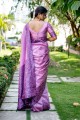 Saree in Purple Raw silk with Weaving