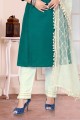 Embroidered Cotton Turquoise blue Straight Pant Suit with Dupatta