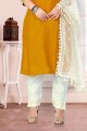 Embroidered Cotton Straight Pant Suit in Mustard yellow with Dupatta