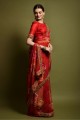 Embroidered Georgette Red Saree with Blouse