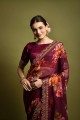 Embroidered Georgette Wine red Saree with Blouse