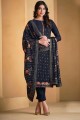 Chiffon Straight Pant Suit in Blue with Embroidered