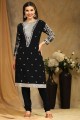 Faux georgette Straight Pant Suit in Black with Embroidered
