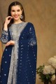 Blue Straight Pant Suit in Embroidered Faux georgette