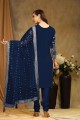 Blue Straight Pant Suit in Embroidered Faux georgette