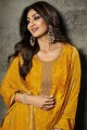 Jacquard Palazzo Suit in Yellow with Embroidered