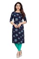 Crepe Straight Kurti in Blue with Printed