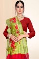 Light green Saree in Zari,printed,lace border Linen