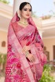 Zari,printed,lace border Linen Dark pink Saree with Blouse