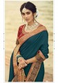 Embroidered Silk Saree in Teal Blue with Blouse