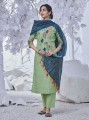 Cotton Silk Straight Pant Suit in Green