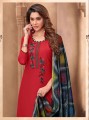 Cotton Straight Pant Suit in Red with Cotton