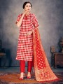 Art Silk Red Straight Pant Suit with dupatta
