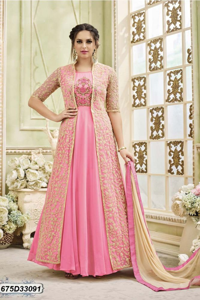Pink color Inner Georgette Jacket Net Anarkali Suit