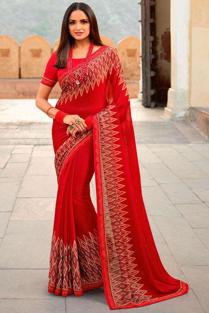 Red Saree Online Designer Banglori silk saree with Georgette Blouse at Shopkund UK SR24619